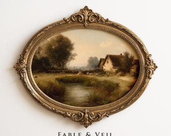 Vintage Farmhouse Wall Art – Antique Oil Painting Digital Download, Rustic Farm Decor, Sage Green Landscape, Moody Vintage Print