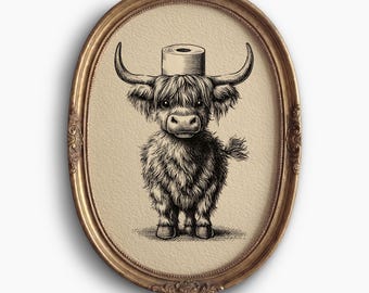 Arte de pared para baño con vaca de las Highlands: Impresión divertida con boceto vintage