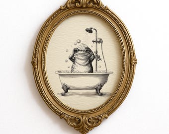 Frog Art Print: Funny Bathroom Art, Vintage Sketch, Retro Wall Art for Bathroom Decor