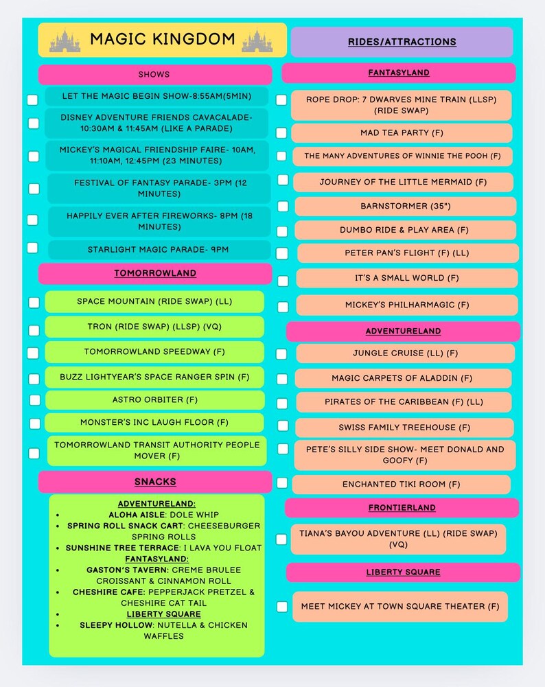 Disney Magic Kingdom Checklist Template - Etsy