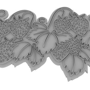 Puede incluir: Un diseño gris tridimensional de fresas y hojas. La imagen presenta varias fresas con superficies texturizadas y hojas detalladas, todo en un color gris monocromático. El diseño es probablemente para manualidades o decoración.