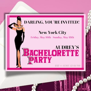 Breakfast at Tiffany&#39;s Pink Bachelorette Editable Invite Template