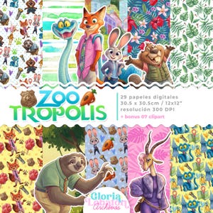 May include: A collection of digital papers featuring characters from Zootopia. The designs include various patterns and illustrations of the characters, with the text "Zootropolis" and details about the papers, including the size of 12x12 inches and resolution of 300 DPI.