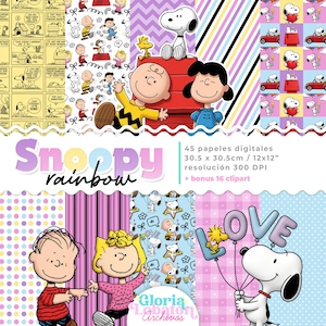 Puede incluir: Colección de papeles digitales con Snoopy y los personajes de Peanuts. Los diseños incluyen tiras cómicas, patrones con Snoopy, Charlie Brown y Lucy, y la palabra "LOVE" en globos. Los papeles miden 30,5 x 30,5 cm.