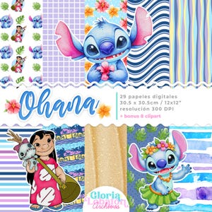 Peut inclure: Un pack de papiers numériques avec le personnage Stitch de Lilo & Stitch. Le pack comprend divers papiers à motifs avec des illustrations de Stitch, des motifs floraux et le mot "Ohana". Le pack comprend 29 papiers numériques de 30,5 x 30,5 cm.