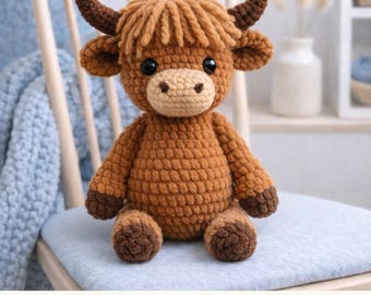Patrón de ganchillo de vaca de las Highlands: Tutorial en PDF de vaca amigurumi en inglés, alemán y francés.