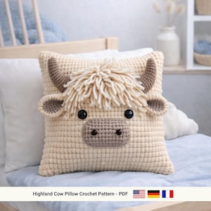 ハイランド牛の枕のかぎ針編みパターンPDF – 農場の動物のクッション編みぐるみ初心者向けチュートリアル