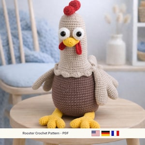 Patrón de gallo en crochet (PDF) / Amigurumi de animales de granja / Pollo de crochet / 4 idiomas