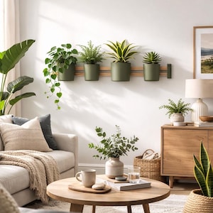 May include: A living room interior with a wooden wall planter holding four olive green plant pots. Each pot contains a different houseplant. The room features a beige sofa, wooden coffee table, and a wooden cabinet, creating a neutral aesthetic.