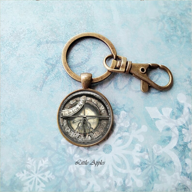 glass tile necklace silver gear necklace for him traveller bag deco SALE Antique silver compass print navigation tool bronze keychain