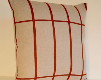 Handmade Linen Pillow Cover: Beige & Terracotta Grid, Modern Cushion (18"x18") Marimekko Pattern