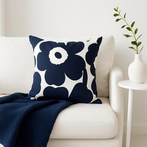Handmade Navy Blue Pillow Cover Using Marimekko Fabric : 20x20 Floral Scandinavian Design