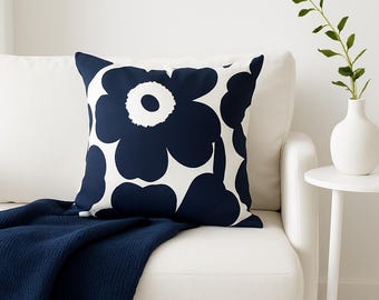 Handmade Navy Blue Pillow Cover Using Marimekko Fabric : 20x20 Floral Scandinavian Design
