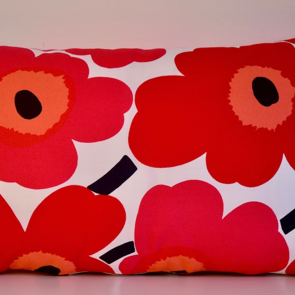 12" x 20" Marimekko Unikko Red and Pink Poppy Pillow Cover, Floral Cushion, Accent Pillow - Popping Poppies (30x50cm)