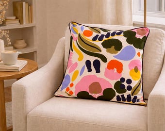 Handmade Marimekko Pillow Cover: Colorful Botanical Print, Black Piping (18x18)