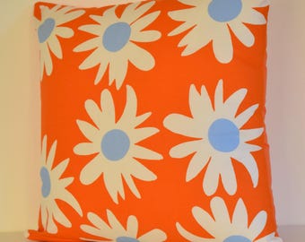 Handmade Orange Daisy Pillow Cover Using Marimekko Fabric, Scandinavian Cushion Case, 20"x20