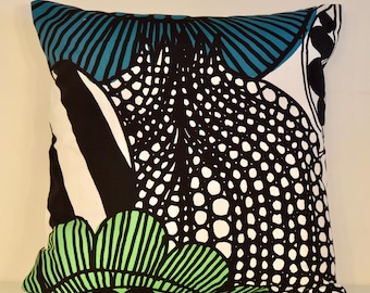 Handmade Pillow Cover | Marimekko Teal, Green & Black Scandinavian Cushion (20”x20”)