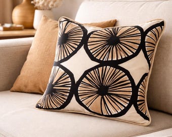 Handmade Pillow Cover, Beige & Black Scandinavian Design, 18x18, Made with Marimekko Fabric