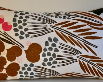 Handmade Pillow Cover Using Marimekko Linen Fabric – Earth Tone Botanical Floral Design, 12x20