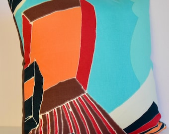 Handmade Modern Marimekko Pillow Cover: Aqua, Orange, Brown Scandinavian Design- 16"x16"