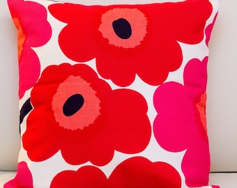 18" x 18" Marimekko Unikko Red and Pink Poppy Pillow Cover, Floral Cushion, Accent Pillow - Popping Poppies (45x45cm)