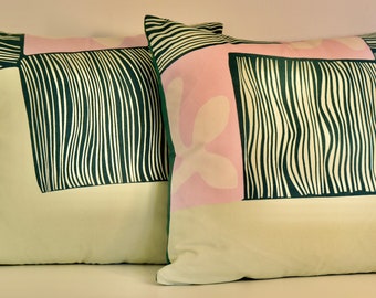 Mix of Pastel Pink and Dark Green Pillow Case |Checkered-like Print Marimekko Pattern-Handmade  18"x18" (45x45cm)