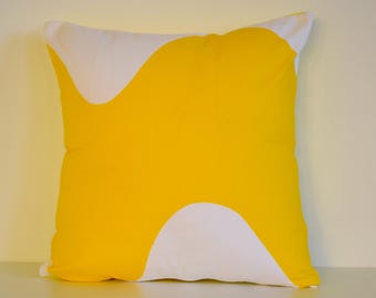 Handmade Pillow Cover: Yellow & White Cotton, Marimekko Lokki Pattern, Finnish Design (16x16 inches)