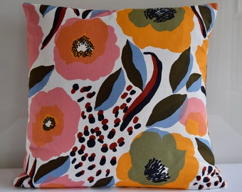Spring Orange/ Blue Marimekko Pillow Cover, Rosarium Pattern-Handmade, 20"x20" (50x50cm)