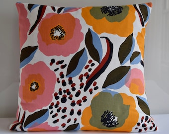 Spring Orange/ Blue Marimekko Pillow Cover, Rosarium Pattern-Handmade, 20"x20" (50x50cm)