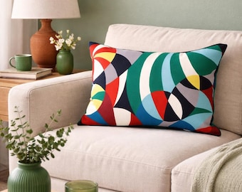 Marimekko Spinning Fabric Handmade Pillow Cover – Colorful Geometric Linen Cushion 12"x20"