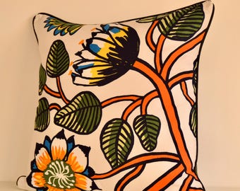 Handmade Floral Pillow Cover: Marimekko Tiara Pattern, Olive & Black- Black Piping- 18x18 inches
