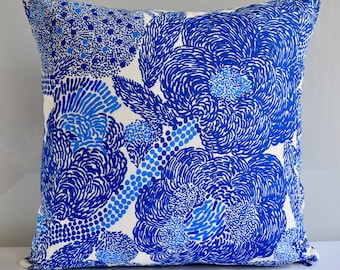 Handmade Pillow Cover-Marimekko Mynsteri Fabric – Blue White Floral Scandinavian Decor 18x18 inches