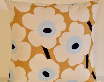 Cream | Gold | Blue | Pillow | Marimekko Unikko Pattern | Handmade Pillow Case | 18"x18" (45x45)