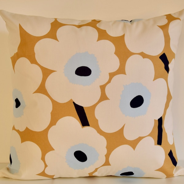 Cream | Gold | Blue | Pillow | Marimekko Unikko Pattern | Handmade Pillow Case | 18"x18" (45x45)