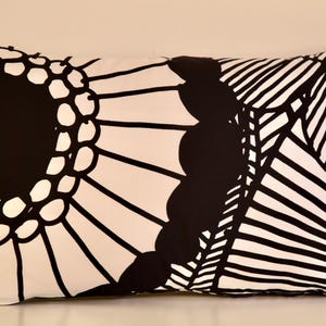 Bolster Flower Pillow | Black & White | Marimekko Siirtolapuutarha Pattern | Handmade Accent Pillow | Modern Finnish Design 12x20 (35x50cm)
