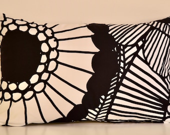 Bolster Flower Pillow | Black & White | Marimekko Siirtolapuutarha Pattern | Handmade Accent Pillow | Modern Finnish Design 12x20 (35x50cm)