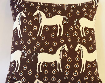Handmade Pillow Cover Using Marimekko Fabric – Horse Pattern, Finnish Design, Dark Chocolate Back (18"x18")