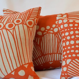 Orange and Beige Linen  Marimekko Decorative Pillow Cover- Front Side Sirtolapuutarha- Back Side Solid Beige , 12"x20" (30x50cm)