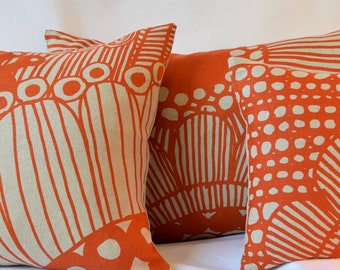 Orange and Beige Linen  Marimekko Decorative Pillow Cover- Front Side Sirtolapuutarha- Back Side Solid Beige , 12"x20" (30x50cm)