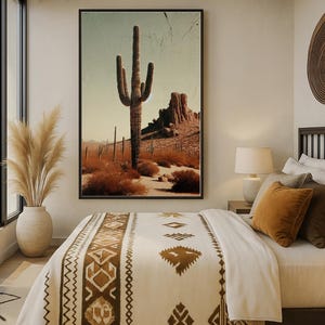 Cactus Art Rustic Vintage Desert Landscape Large Wall Art, Rustic Southwestern Decor, Boho Navajo Texas Living Room Farmhouse Decor Poster