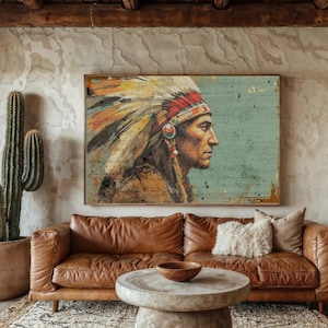 Rustic Style Mid Century Art, Antique Cowboy farmhouse Gift Native American Indian Art Indigenous Western Decor Ranch Country Modern Art
