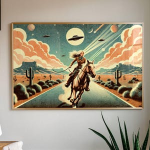 Retro Cowgirl Desert Print – Americana UFO Artwork, Alien Sci-Fi Western Wall Art, Horse Rider Vintage Style - Eclectic Modern Wall Art