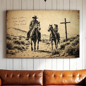 Cowboy Father and Son Wall Art, Western Christian Gifts Print Cross Scripture Faith Rustic Ranch Farmhouse Decor Country Home Poster