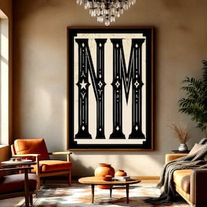 May include: A large rectangular wall art piece featuring the bold black capital letters NM centered on a cream-colored background. The letters are stylized with intricate vertical lines, small star accents, and geometric decorative elements.
