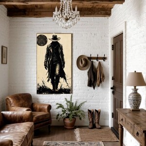 Mysterious Cowboy Ink Art Print, Western Rustic Wall Decor, Mid Century Ranch Home Art, Modern Cabin Gift