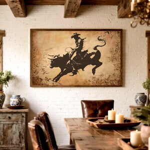 Rustic Cowboy Bull Rider Wall Art, Vintage Western Print, Farmhouse Rodeo Poster, Country Home Ranch Office Man Cave decor