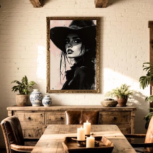 Cowgirl Wall Art, Black Pink Ink Portrait, Western Decor, Rustic Large Southwestern Art, Modern Cabin Farmhouse Style, Ranch Decor