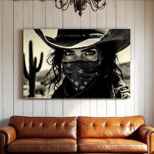 Western Cowgirl Wall Art Black White Outlaw Portrait Rustic Style Country Decor Mid Century Wild West Print Poster Texas Cowboy Farmhouse