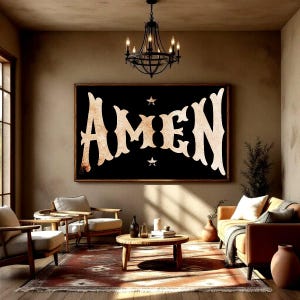 May include: A large framed artwork with the word "AMEN" in a vintage, ornate font. The letters are a light tan color against a black background, with two small stars. The artwork hangs above a seating area with a sofa, chairs, and a coffee table.