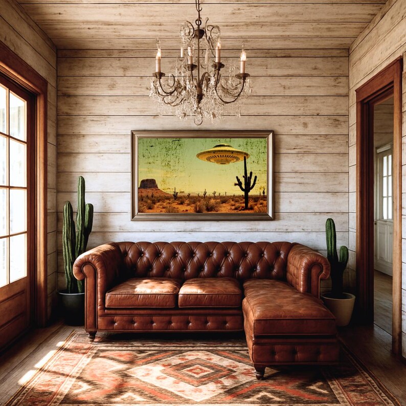 May include: A brown leather sectional sofa with a tufted design sits on a patterned rug in a room with wood-paneled walls. A framed print of a desert landscape with a UFO hangs above the sofa. A chandelier hangs from the ceiling.